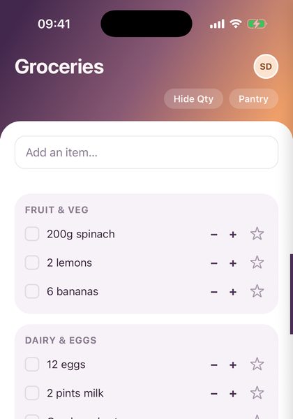 The Groceries & Pantry screen in Peas of Mind