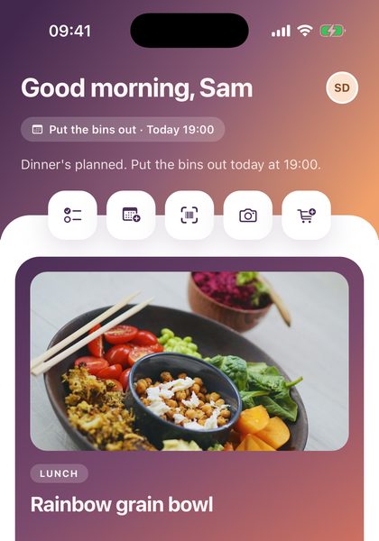 The Peas of Mind Home screen, showing a greeting, today’s reminders and lunch: a rainbow grain bowl.