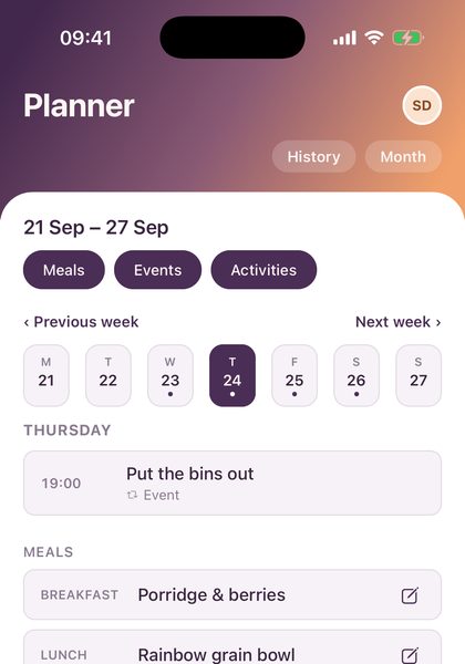 The Planner screen in Peas of Mind