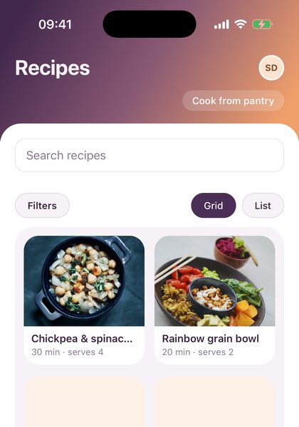 The Recipes screen in Peas of Mind