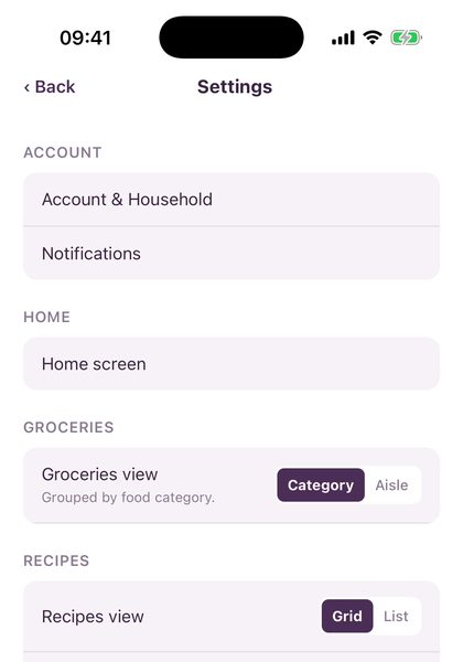 The Settings & your household screen